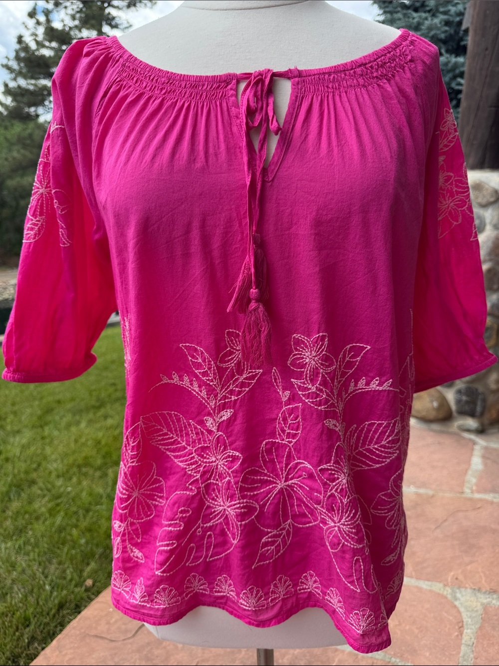 Cato Hot Pink Embroidered Peasant Blouse with Tassel Tie